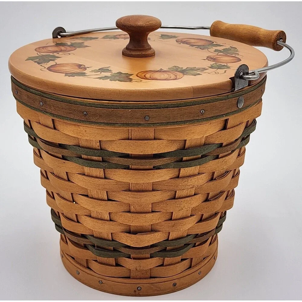 *SIGNED* '02 Longaberger Sage Autumn Round Pail Basket w/Handle, Protector & Lid